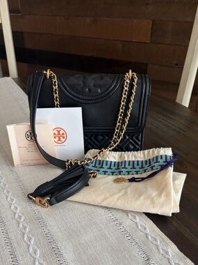 Tory Burch Fleming Black Quilted Leather Crossbody with Gold Chain